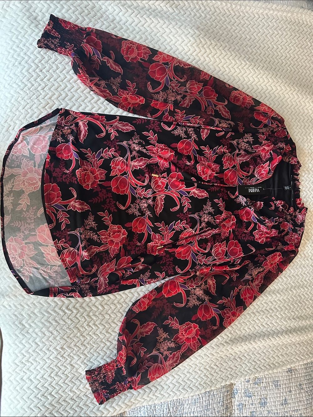 White House Black Market Black Sheer Floral Chemise with Red Blooms